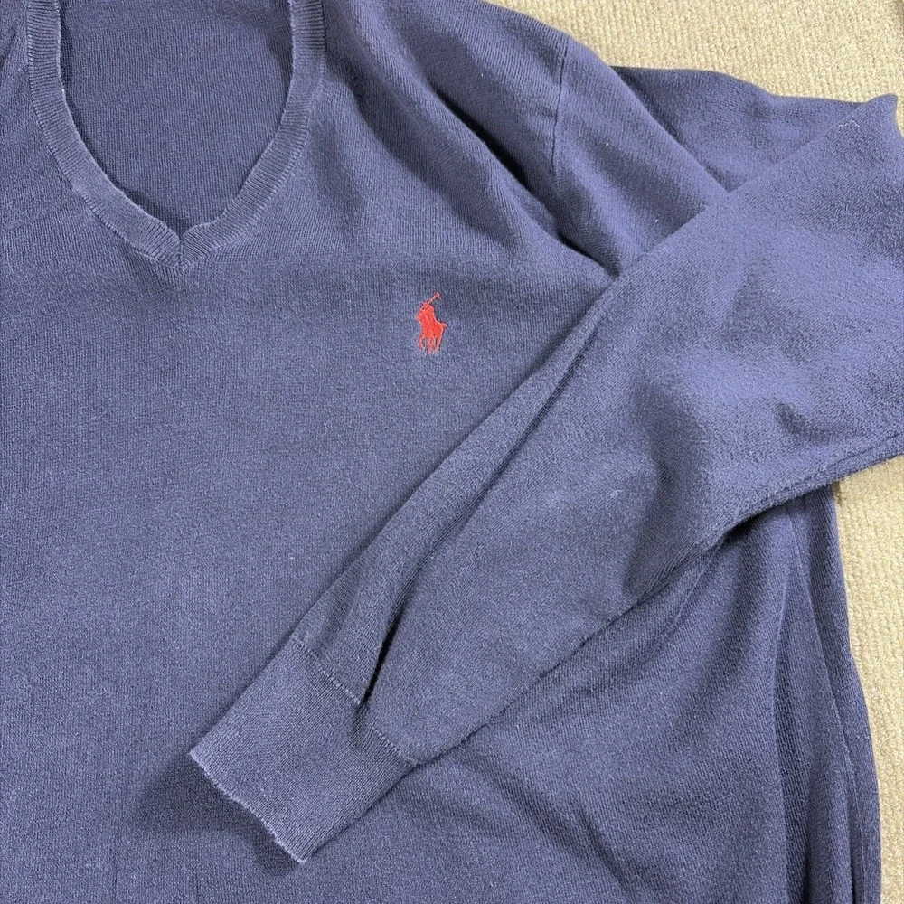 Polo Ralph Lauren Mens V Neck Sweater Size XL Navy Blue Pony Logo Pima Cotton